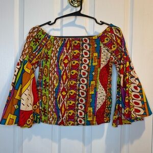 Kavazi Multicolored Off the Shoulder Top with Bell Sleeves with Ruched Bodice